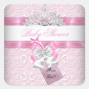Sticker Carré Baby shower fille rose princesse Tiara