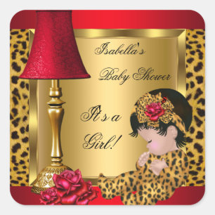 Sticker Carré Baby Shower Fille Roses Rouges Or Léopard
