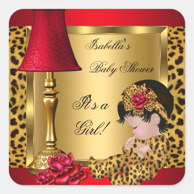Sticker Carré Baby shower fille rouge or Roses léopard (Devant)