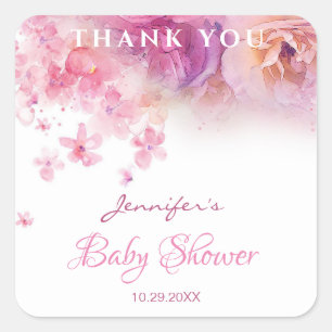Sticker Carré Baby shower Fleurs Élégantes Rose Aquarelle Art