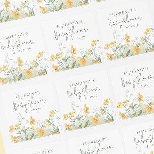 Sticker Carré Baby Shower Fleurs Jaunes Élégants