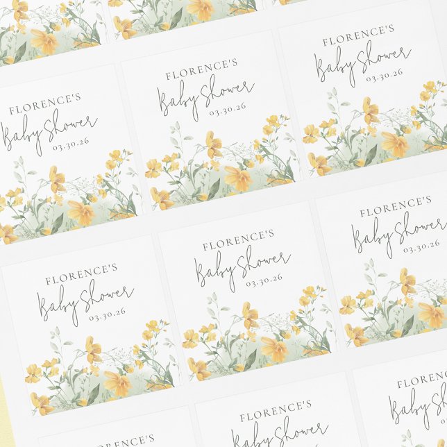 Sticker Carré Baby Shower Fleurs Jaunes Élégants (Créateur téléchargé)