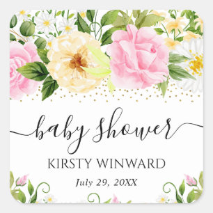Sticker Carré Baby Shower Fleurs Jaunes et Roses à l'Aquarelle