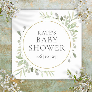 Sticker Carré Baby Shower Fleurs Vertes Aquarelle Moderne