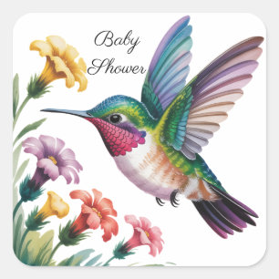 Sticker Carré Baby Shower Floral Fantaisiste à la Colibri