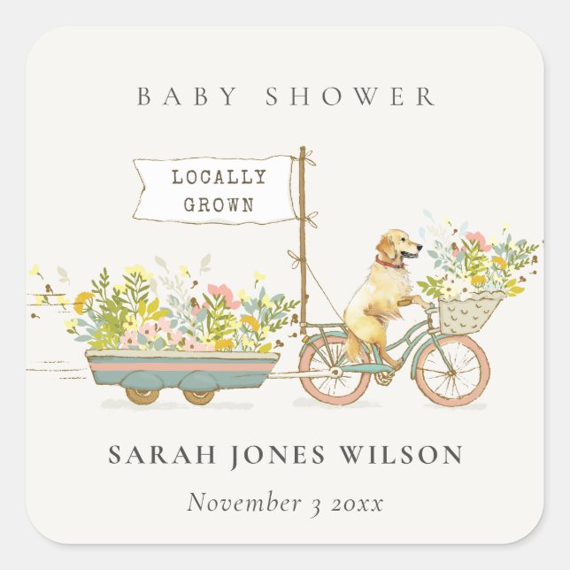 Sticker Carré Baby shower Floral Golden Retriever cultivé locale (Devant)