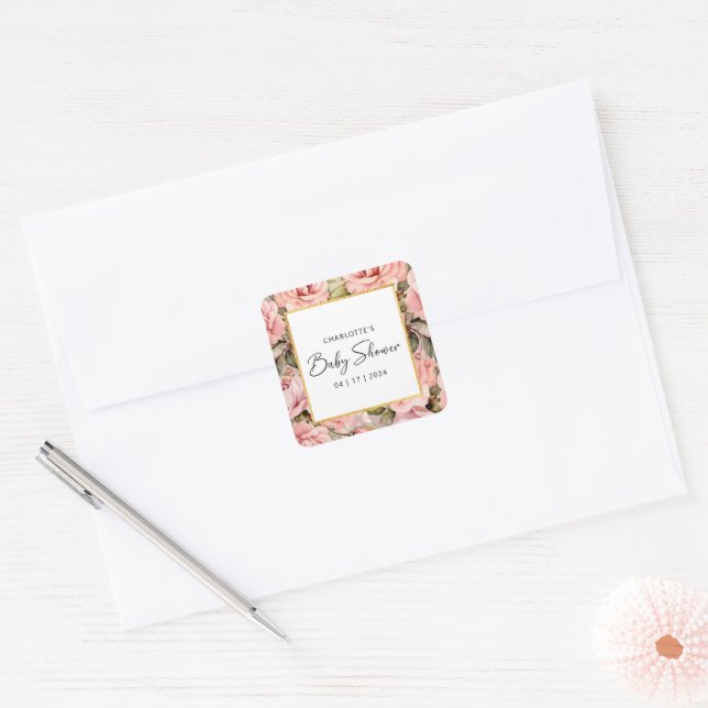 Sticker Carré Baby shower floral Rose (Enveloppe)