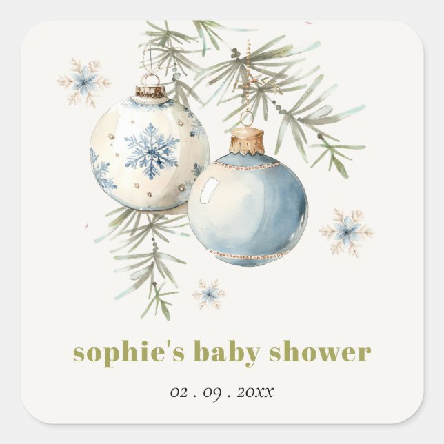 Sticker Carré Baby shower Garçon de Noël Bleu Minimal d'hiver (Devant)