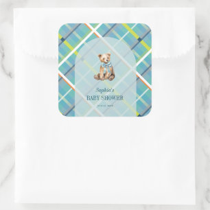 Sticker Carré Baby shower garçon en peluche turquoise