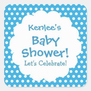 Sticker Carré Baby shower GARÇON Pois bleu et blanc V004