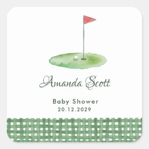 Sticker Carré Baby Shower Gingham Vert de Golf