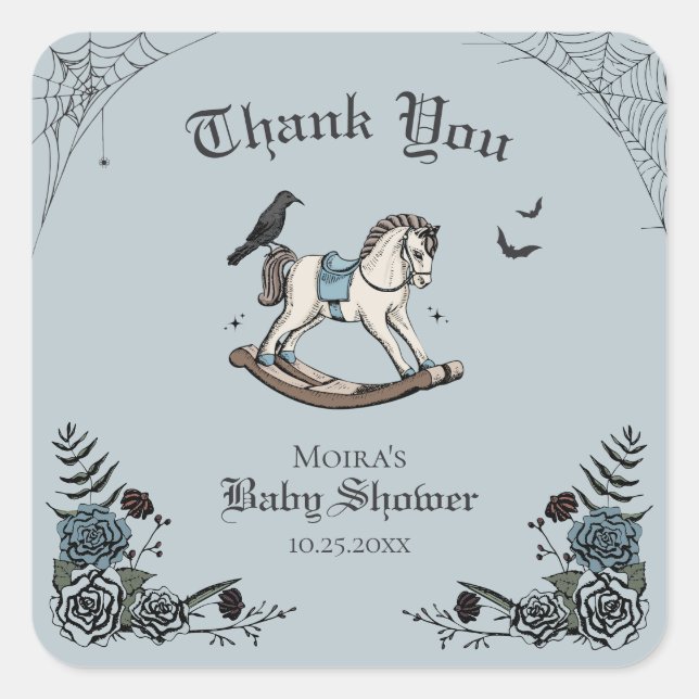 Sticker Carré Baby shower gothique Cheval Rocking Merci (Devant)