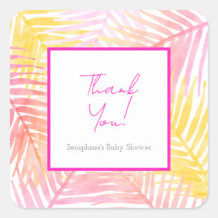 Sticker Carré Baby shower hawaïen rose Feuille