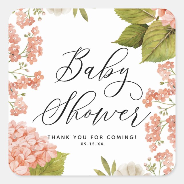 Sticker Carré Baby Shower Hortensias Aquarelle Pêche Rustique (Devant)
