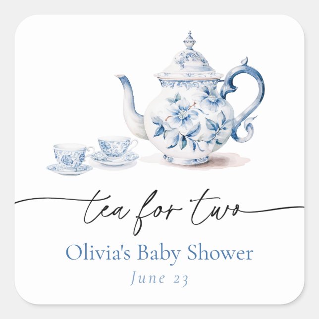 Sticker Carré Baby shower jumeau Blue Floral Tea Party (Devant)