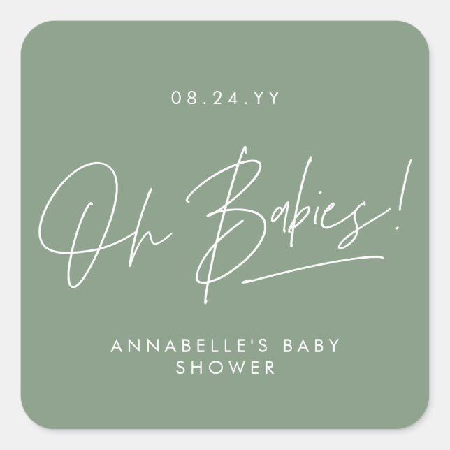 Sticker Carré Baby shower jumeau moderne sauge vert élégant (Devant)