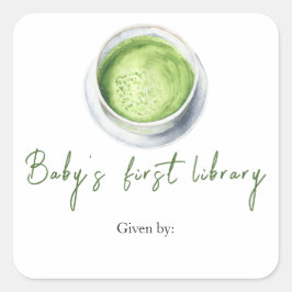 Sticker Carré Baby shower Matcha Latte - première bibliothèque p