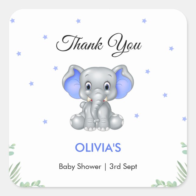 Sticker Carré Baby shower Merci éléphant (Devant)