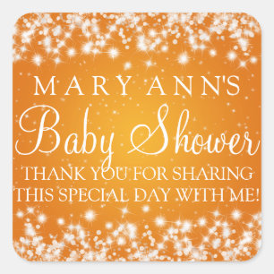 Sticker Carré Baby shower Merci Hiver Étincelle Orange