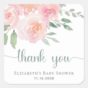 Sticker Carré Baby shower Merci rose Floral Aquarelle