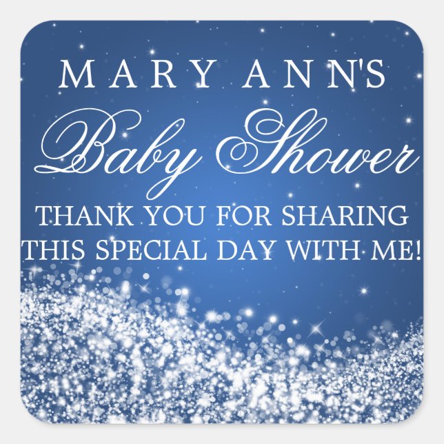 Sticker Carré Baby shower Merci Sparkling Vague Bleu (Devant)