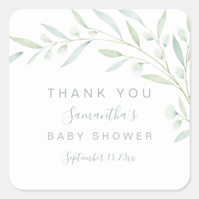 Sticker Carré Baby shower Merci Vert Aquarelle Foliage (Devant)