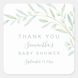 Sticker Carré Baby shower Merci Vert Aquarelle Foliage