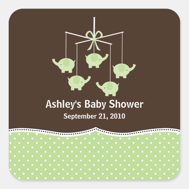 Sticker Carré Baby shower mobile Green & Brown Elephant (Devant)