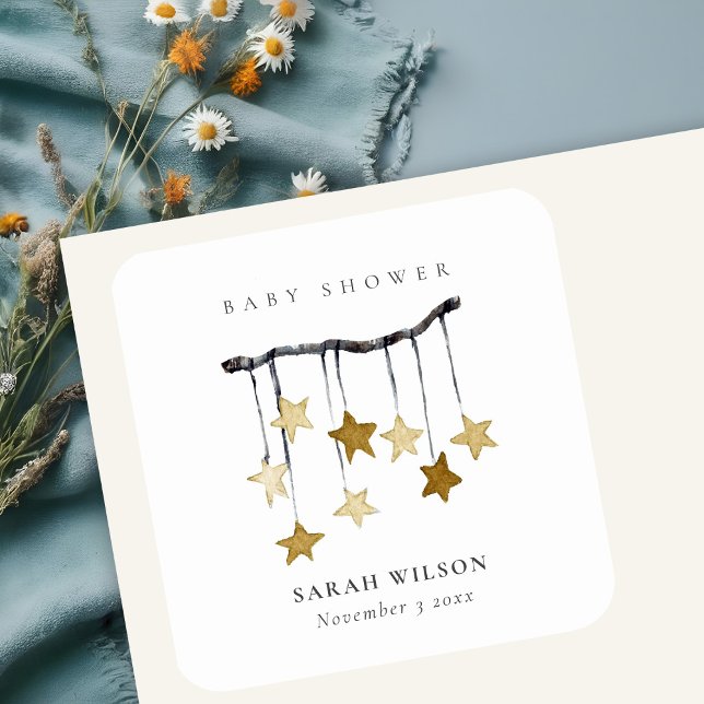 Sticker Carré Baby shower mobile simple jaune neutre étoile (Créateur téléchargé)