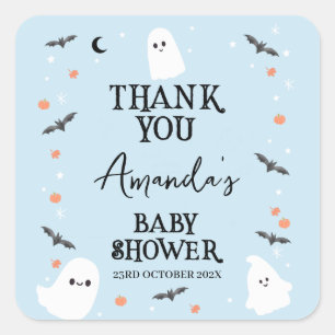 Sticker Carré Baby shower moderne Blue Halloween Little Boo