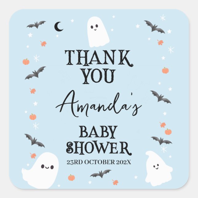 Sticker Carré Baby shower moderne Blue Halloween Little Boo (Devant)
