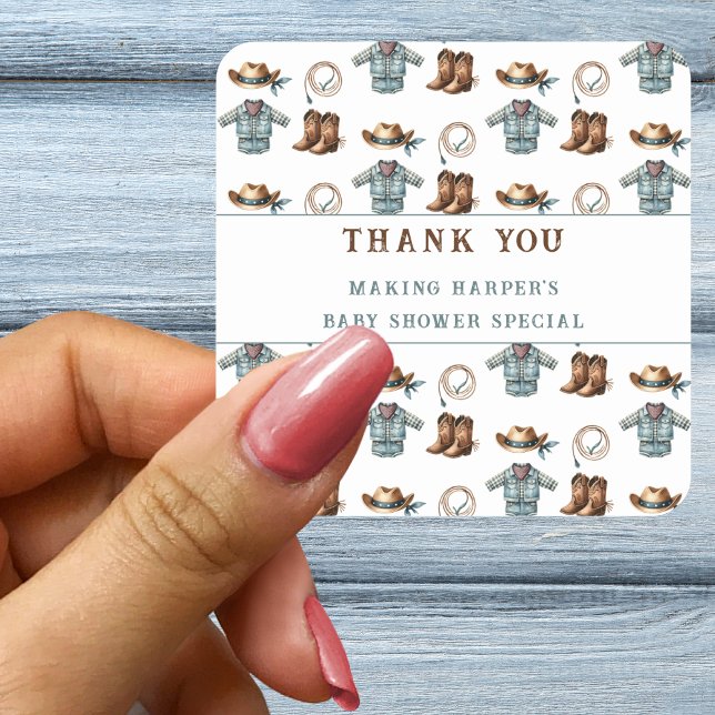 Sticker Carré Baby shower Motif Merci Cowboy (Créateur téléchargé)