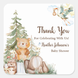 Sticker Carré Baby Shower Neutre Forêt de Bois