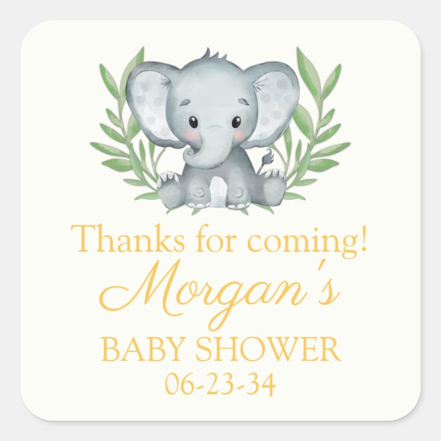 Sticker Carré Baby shower neutre jaune éléphant vert (Devant)