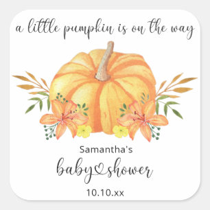 Sticker Carré Baby shower orange Citrouille aquarelle