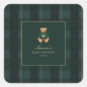 Sticker Carré Baby Shower Ours en Carreaux Verts Classique