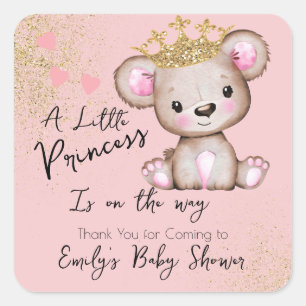 Sticker Carré Baby shower Ours Princesse rose étincelante