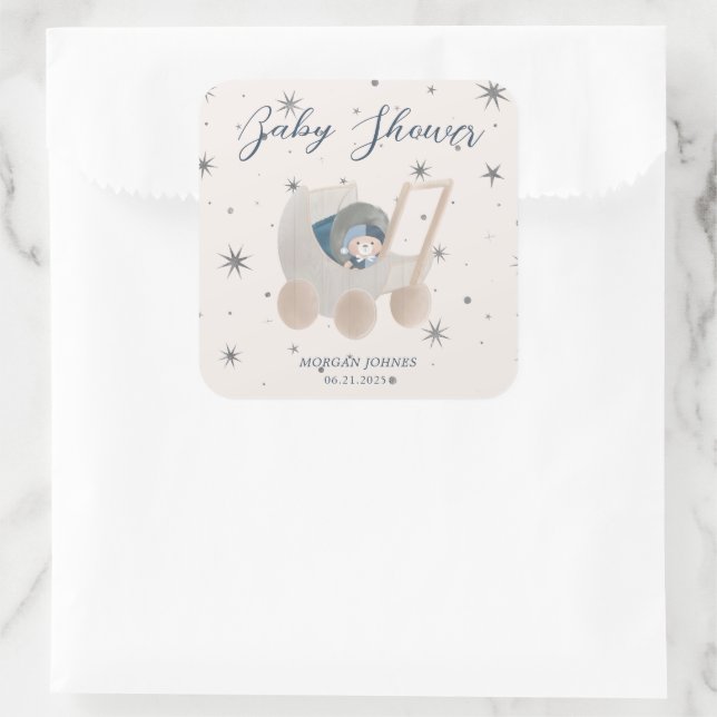 Sticker Carré Baby Shower Ourson Mignon Céleste (Sac)