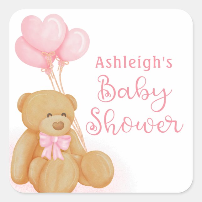 Sticker Carré Baby Shower Ourson Mignon Cœurs Roses Ballons (Devant)