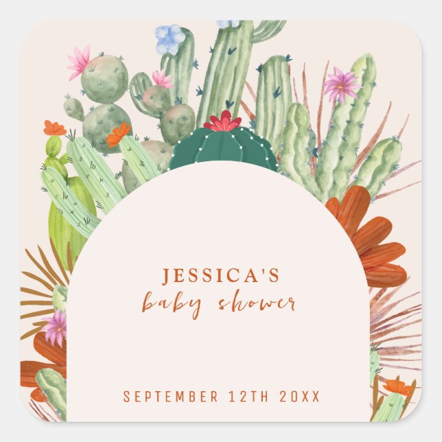 Sticker Carré Baby shower Pampas du désert de Boho Cactus Arch (Devant)