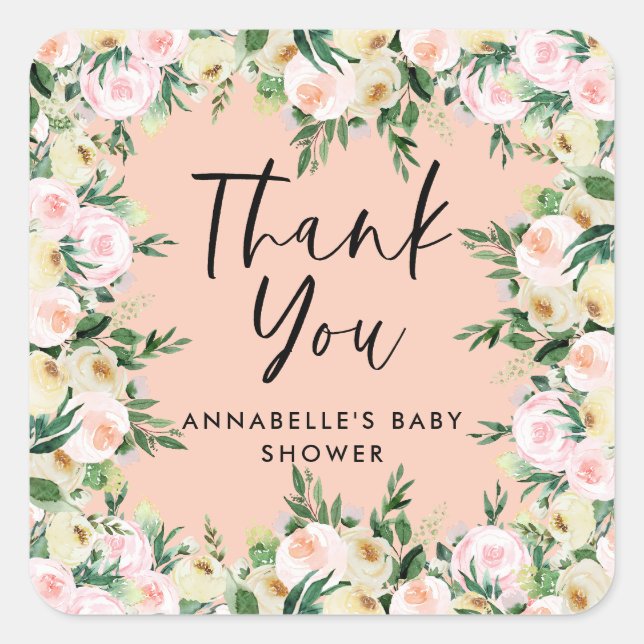 Sticker Carré Baby shower pêche girly floral merci (Devant)