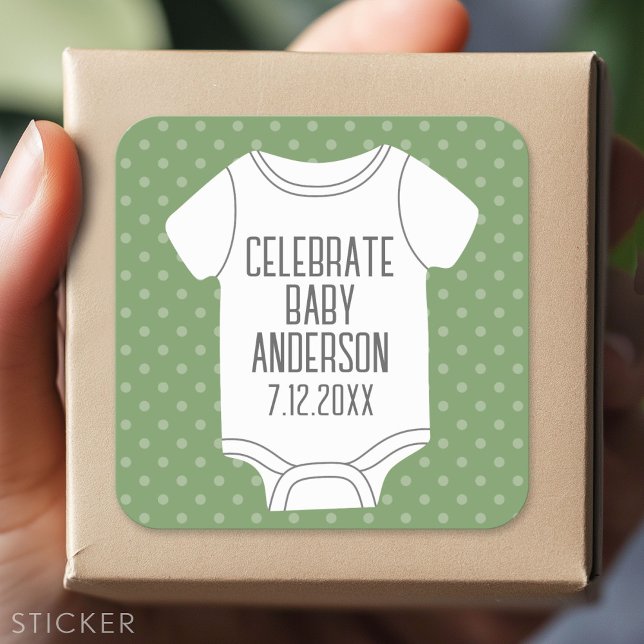 Sticker Carré Baby shower - Pois verts (Custom Sticker - Personalize with your info for a party favor or gift)