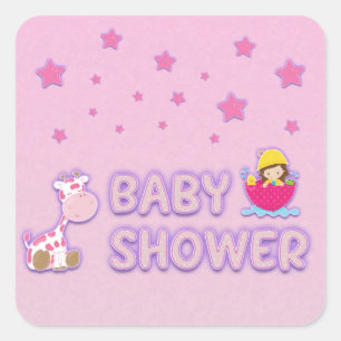 Sticker Carré Baby shower pour filles étoiles et girafe