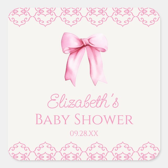 Sticker Carré Baby shower rose Coquette Bow (Devant)