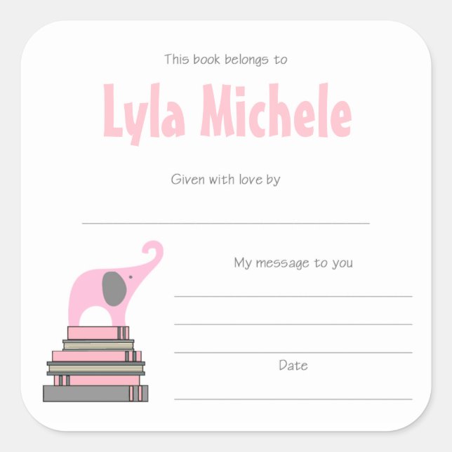 Sticker Carré Baby shower rose éléphant plaques de livres FILLE (Devant)
