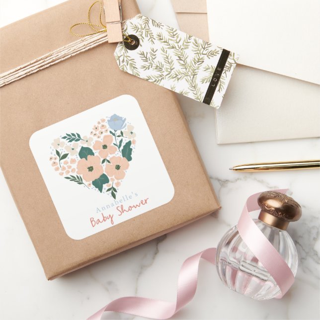 Sticker Carré Baby shower rose floral fille coeur (Cadeaux)