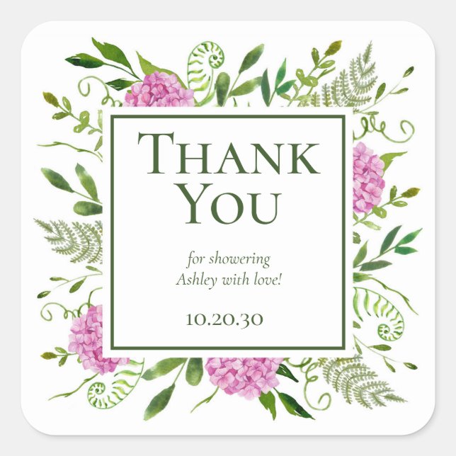 Sticker Carré Baby shower rose Hydrangeas fille Merci (Devant)
