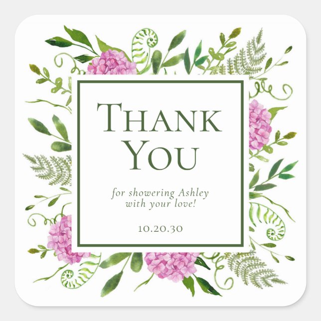Sticker Carré Baby shower rose Hydrangeas fille Merci (Devant)
