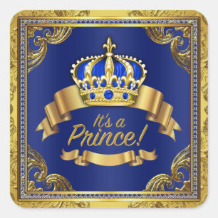 Sticker Carré Baby Shower Royal Bleu Or Prince