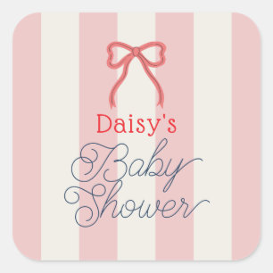 Sticker Carré Baby Shower Ruban Rouge & Rayures Roses